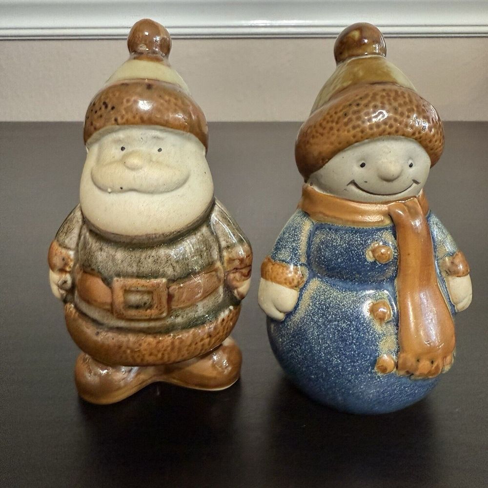 Santa Claus & Snowman Figurine Set Vintage Glazed Ceramic Pottery Stoneware Boho